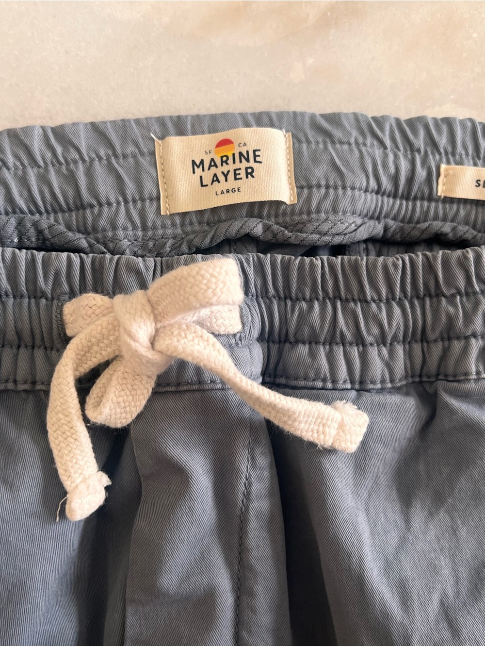 Marine Layer Men's Cargo Pants in Dusty Blue with Cream Drawstring
